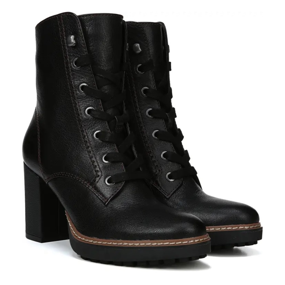 Black Leather Heeled Lace Up Combat Boots, Size 6.5